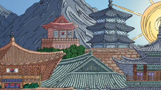 100 Cats, one of the best free PC games: A colorful hand-drawn image of a korean landscape, with hidden cats working into the drawing.