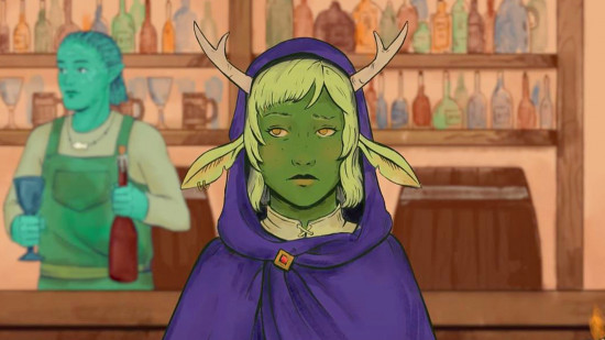 Avowed: A hand-drawn image of a green-skinned woman with antlers and leaf-like ears wearing a purple cape