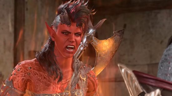 Baldur's Gate 3 Karlach stares menacingly, shouting engulfed in flame as if angry