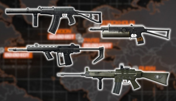 Best BO6 guns: four weapons with glowing white outlines on a blurred background.