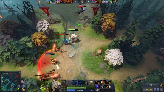 Free Steam games: Dota 2. Image shows Juggernaut unleashing his ultimate ability on surrounding enemies in a green woodland area.