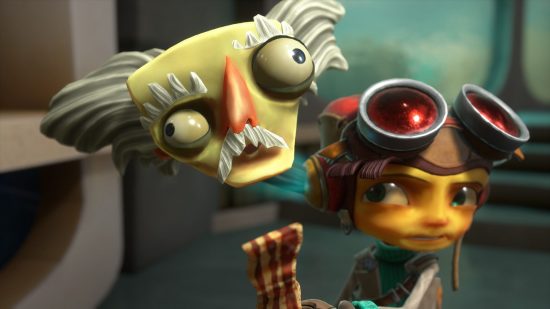 Best PC games: Raz holding some bacon near a floating head in Psychonauts 2