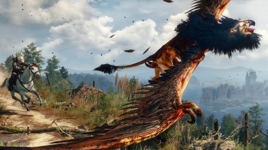 Best PC games - The Witcher 3: Geralt riding Roach and fighting a griffin