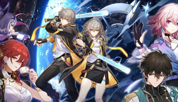 Best RPG games: Both Trailblazer counterparts stand together, wielding their futuristic baseball bat surrounded by various members of the Astral Express crew, including March 7th, Dan Heng, and Himeko.