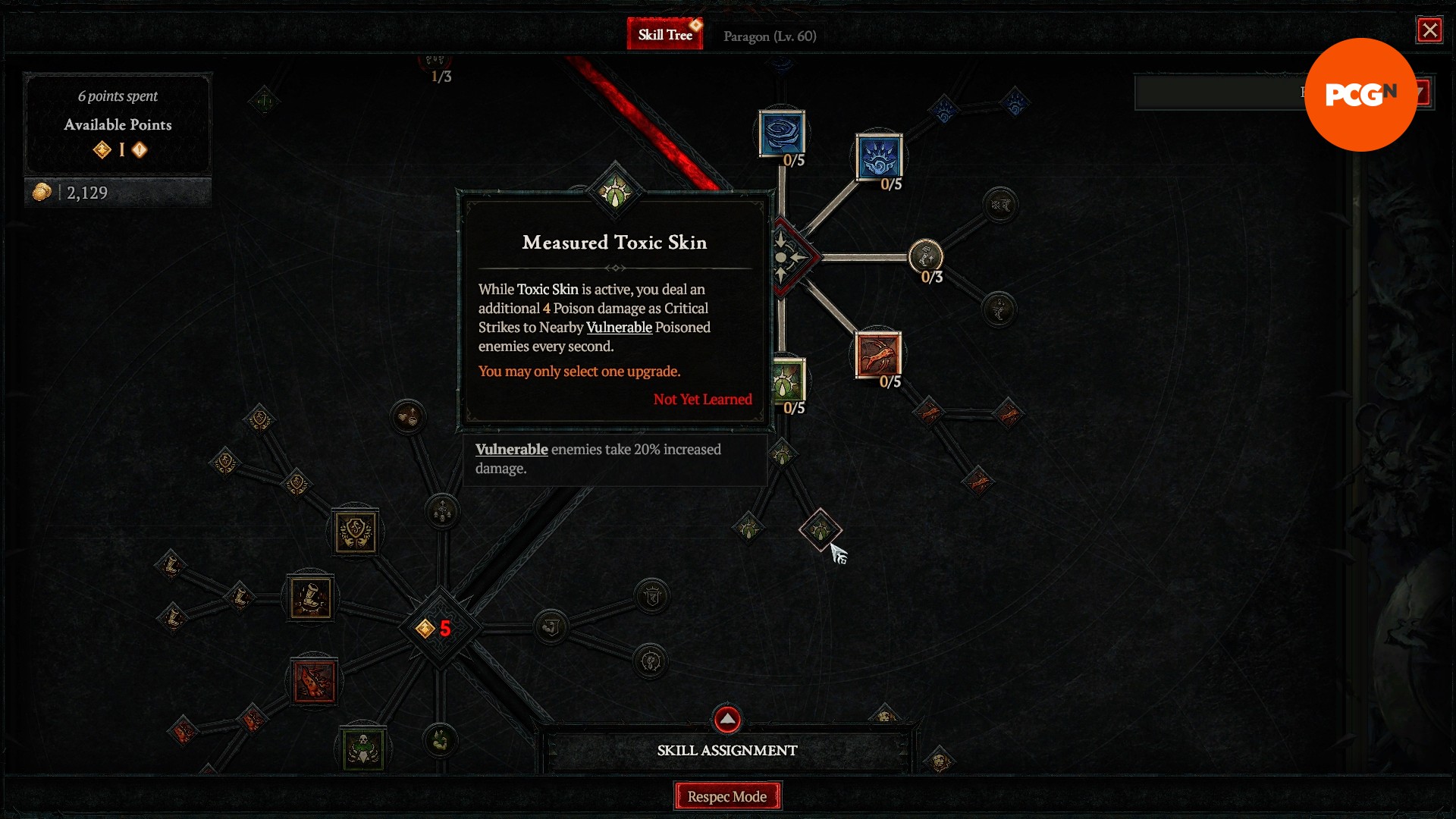 The Diablo 4 spiritborn skill tree showing the Measured Toxic Skin skill, part of the best D4 Spiritborn build.