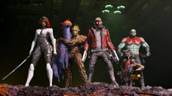 Best story games - the Guardians of the Galaxy team stood on a cliff face, with a purple llama sporting bright orange hair next to them.