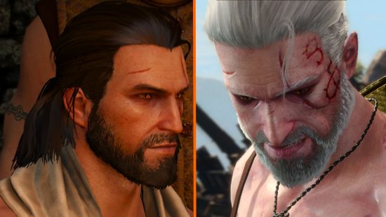 Best Witcher 3 mods - Geralt Hairworks Colors and Styles: Geralt with black hair, and Geralt with a white beard and white eyebrows