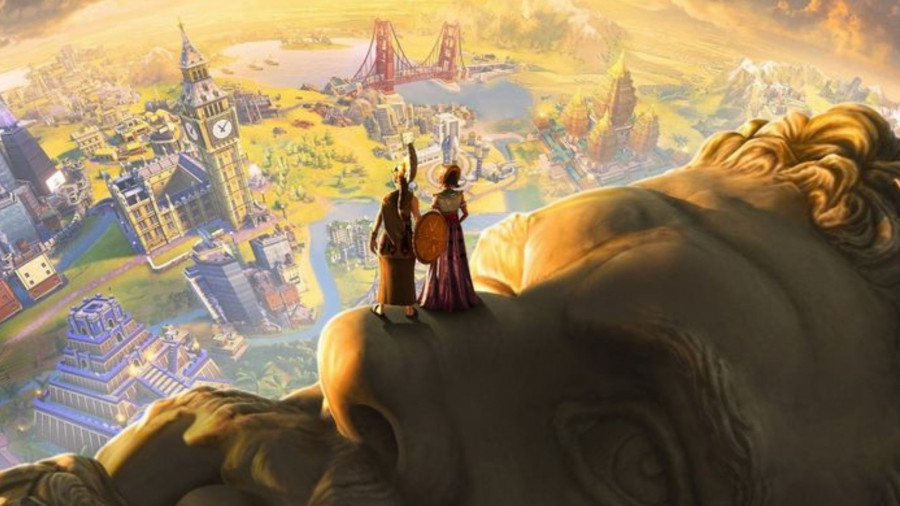 Two characters look over a budding civilization.