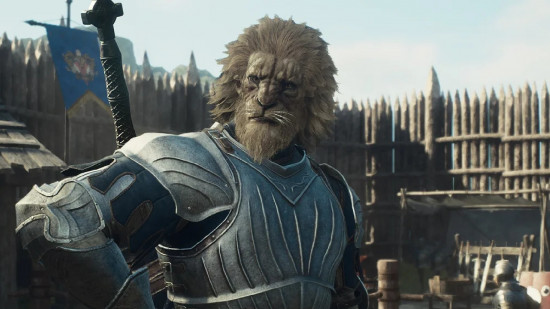 A Lion Pawn wearing a full suit of armor in Dragon's Dogma 2 gameplay