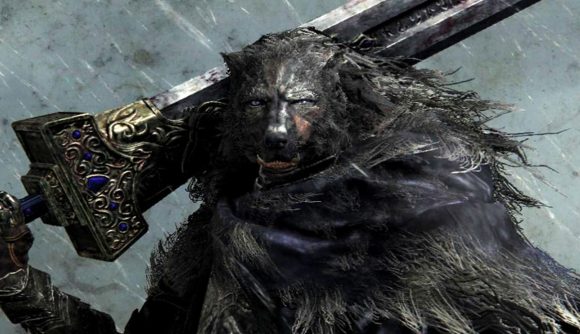 Elden Ring best mods: Blaidd, a wolfman with a thick mane of grey fur and a ragged blue cloak above a full suit of armour wielding his enormous greatsword as rain falls from a grey sky.