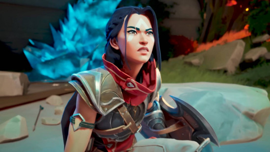 Gorgeous new monster hunting RPG Eternal Strands just got a new demo: A young woman with black hair wearing fantasy armor looks upwards at something off-camera, a blue crystal behind her