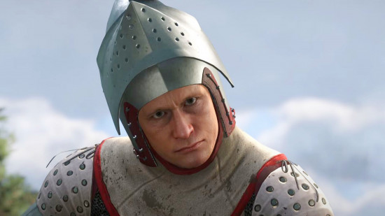 Kingdom Come Deliverance 2: A knight in silver armor with his helmet visor open
