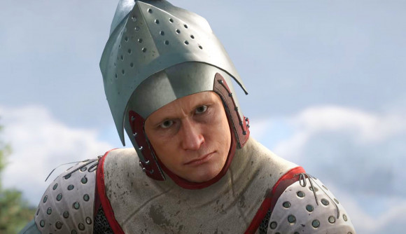 Kingdom Come Deliverance 2: A knight in silver armor with his helmet visor open
