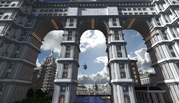 Best Minecraft maps - a steel bridge-like building towers over the city. A clock is pointing at three o'clock.