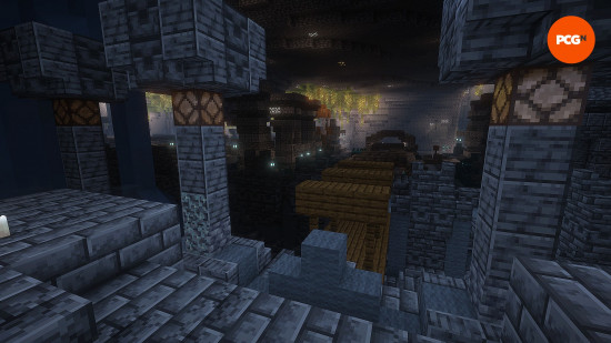 A view of the inside of an Ancient City at spawn in one of the best Minecraft seeds.