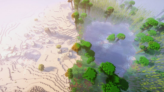 An aerial screenshot of one of the best Minecraft seeds, split directly down the middle between a desert and jungle biome at spawn.