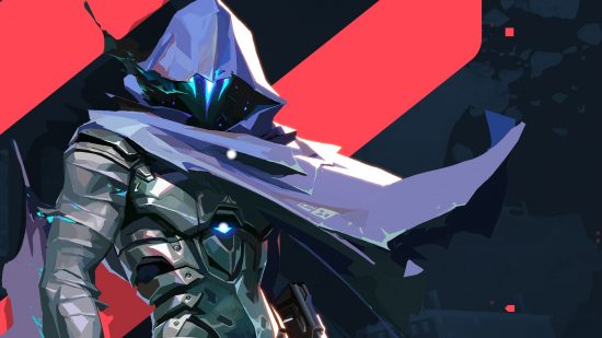 Concept art for Omen, one of the many Valorant characters. He wears a cape and has a glowing mask.